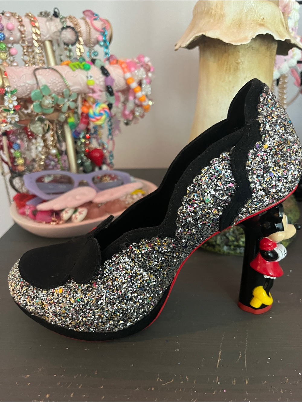 Irregular Choice Black Velvet & Multicolor Glitter Mickey Ear Pumps - Picture 5 of 9